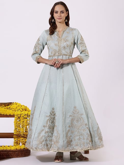 blue faux suede dress Navy blue Anarkali with contrast dupatta main image 1