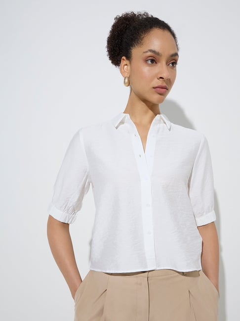 Wardrobe by Westside Ivory Crinkle Textured Shirt-picture-25