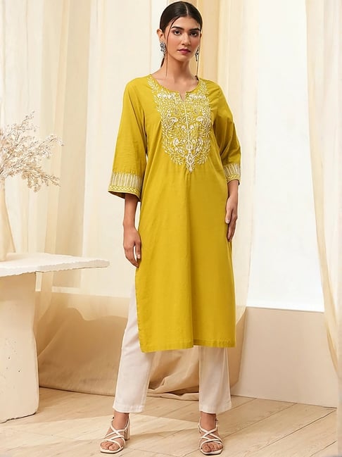 Biba Yellow Cotton Embellished Kurta-picture-35