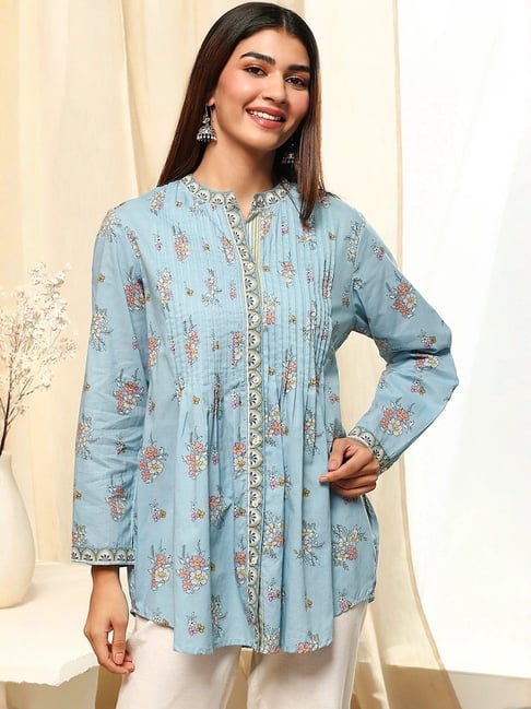 Biba Blue Cotton Floral Printed Kurti-picture-23