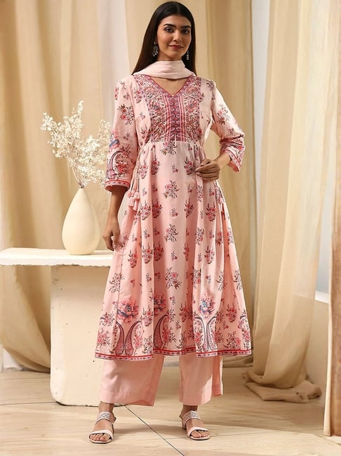 Biba Peach Cotton Printed Kurta and Pant with Dupatta