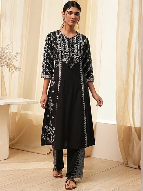 Biba Black Cotton Printed Kurta With Pant