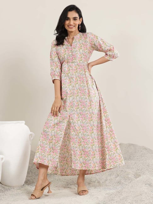 ethnic pink floral dress Floral Printed A-Line Tiered Ethnic Dress | Ethnic Dresses For Women
