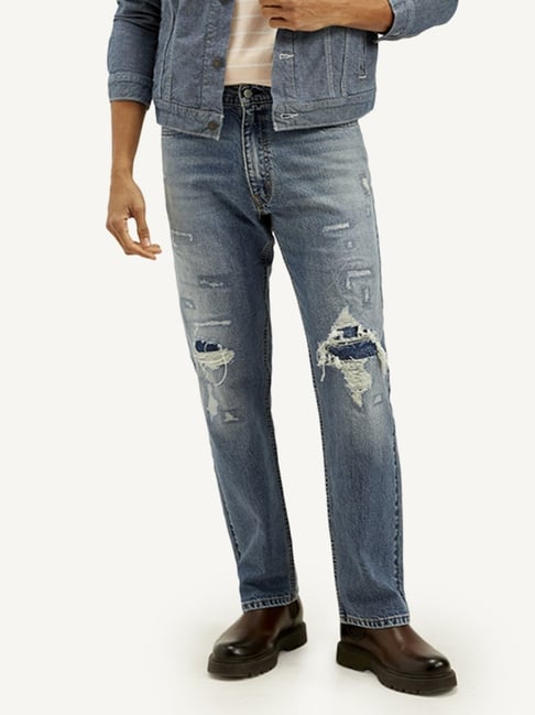 Levi's 555 Blue Cotton Relaxed Fit Distressed Jeans