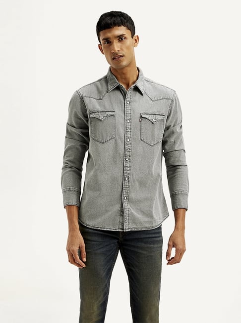 Levi's Grey Cotton Slim Fit Denim Shirt