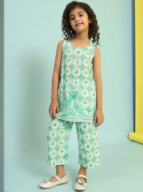 Biba Kids Green Printed Regular Fit Suit Set