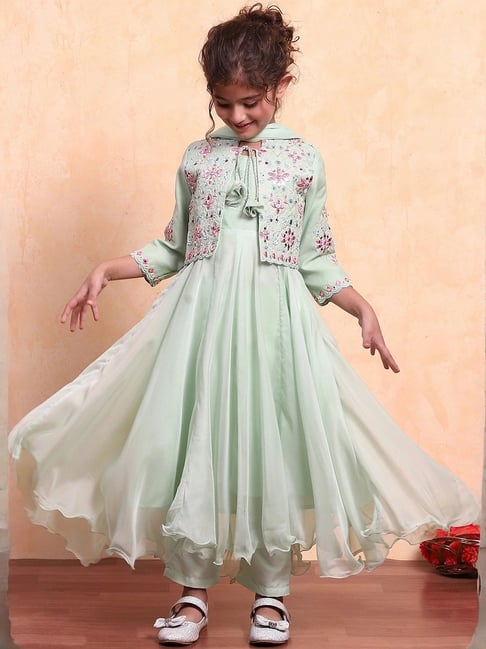 Biba Kids Matcha Green Embroidered Regular Fit Suit Set with Dupatta & Jacket-picture-42