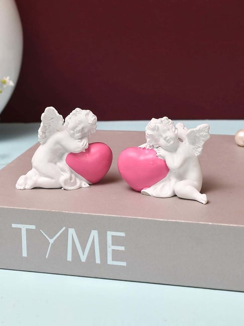 Tayhaa White & Pink Polyresin Angels With Hearts Of Pure Love Showpiece - Set of 2