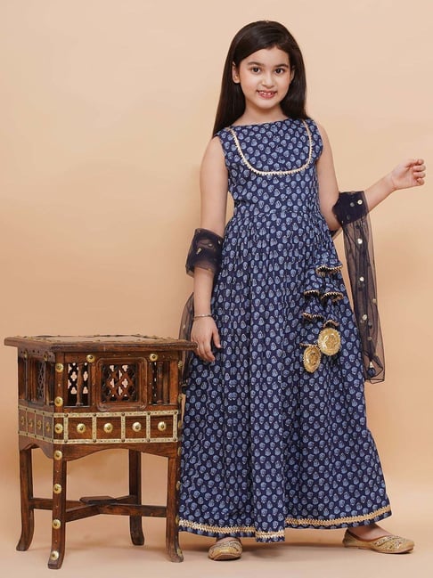 Piccolo Kids Blue Printed Flared Kurti & Dupatta