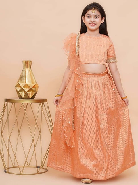 Piccolo Kids Peach Zari Flared Lehenga, Blouse & Dupatta-picture-42