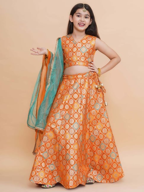 Piccolo Kids Orange Zari Flared Lehenga, Blouse & Dupatta