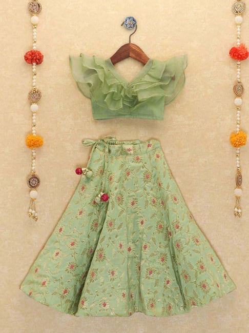 Piccolo Kids Green Zari Flared Lehenga & Blouse