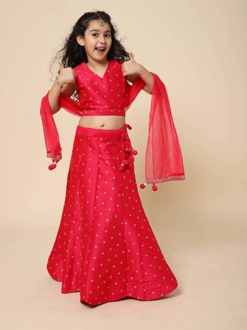 Piccolo Kids Pink Zari Flared Lehenga, Blouse & Dupatta