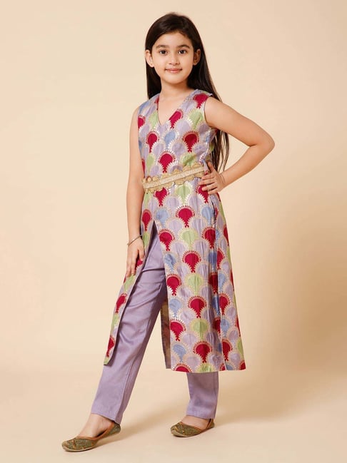 Piccolo Kids Purple Zari Narrow Fit Kurti, Pants & Belt-picture-48