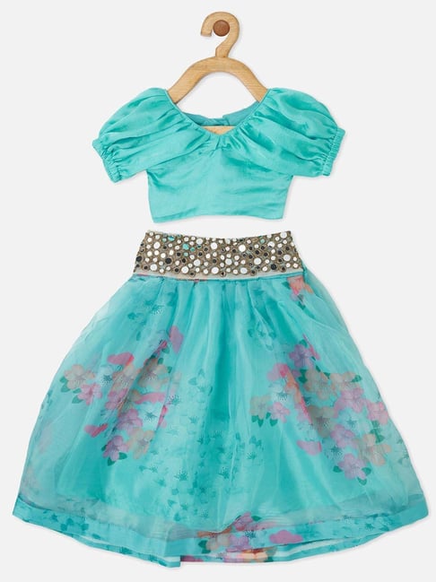 Piccolo Kids Turquoise Embellished Flared Lehenga & Blouse-picture-39