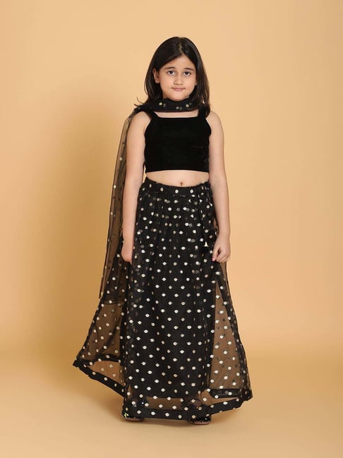 Piccolo Kids Black Zari Flared Lehenga, Blouse & Dupatta-picture-46