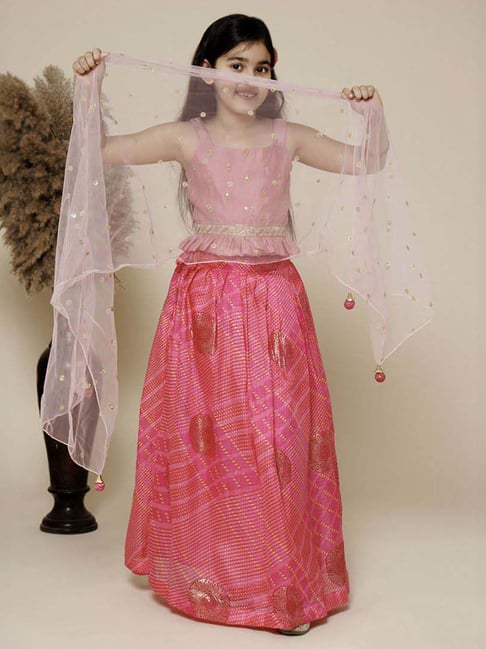 Piccolo Kids Pink Checks Flared Lehenga, Blouse & Dupatta