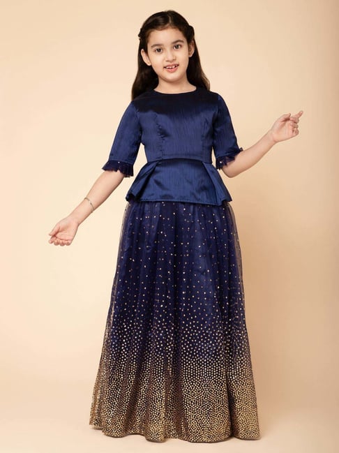 Piccolo Kids Navy Embellished Flared Lehenga Blouse