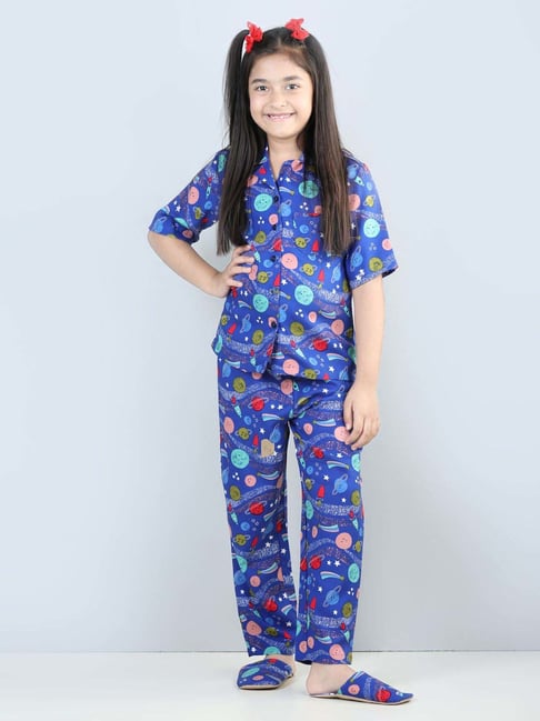 Piccolo Kids Blue Printed Regular Fit Shirt, Pajamas & Slippers