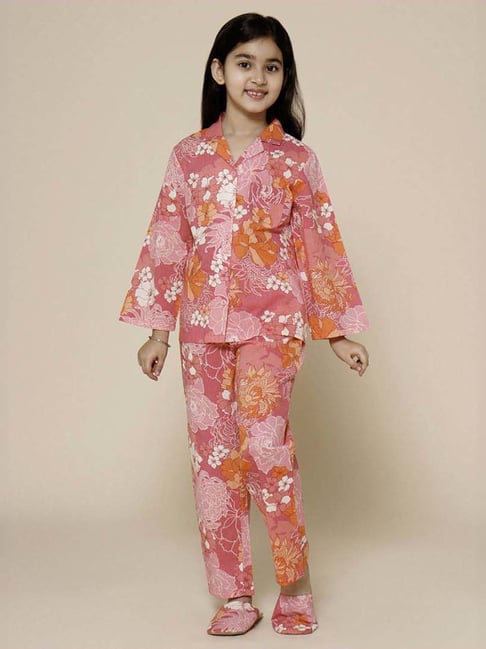 Piccolo Kids Pink Floral Regular Fit Shirt, Pajamas & Slippers