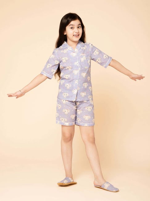 Piccolo Kids Blue Printed Regular Fit Shirt, Shorts & Slipper
