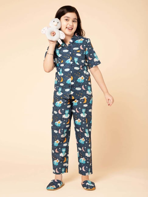 Piccolo Kids Navy Printed Regular Fit Shirt, Pajamas & Slippers