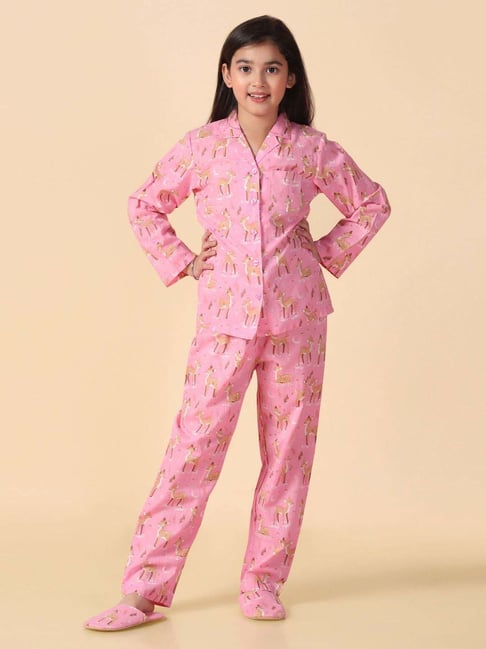 Piccolo Kids Pink Printed Regular Fit Shirt, Pajamas Slippers