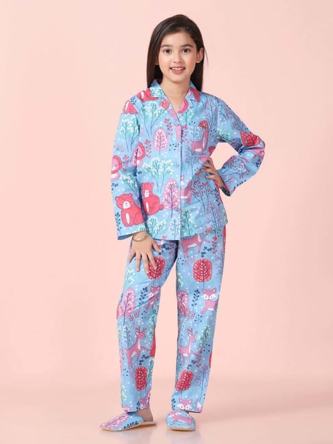 Piccolo Kids Blue Printed Regular Fit Shirt, Pajamas & Slippers