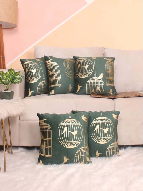STITCHNEST Green & Gold Velvet Cushion Covers - Set of 5-image-20