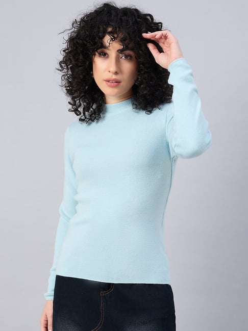 RVK Blue Blended Solid Full Sleeves Pullover