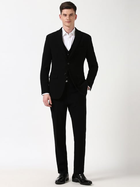 Peter England Black Slim Fit Three Piece Suit