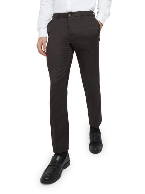 Raymond Brown Polyester Slim Fit Checks Trousers-picture-47