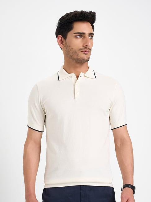 Peregrine By Pantaloons White Cotton Slim Fit Polo T-Shirt