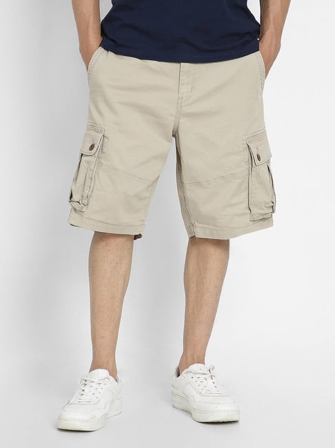 American Eagle Beige Cotton Regular Fit Cargo Shorts