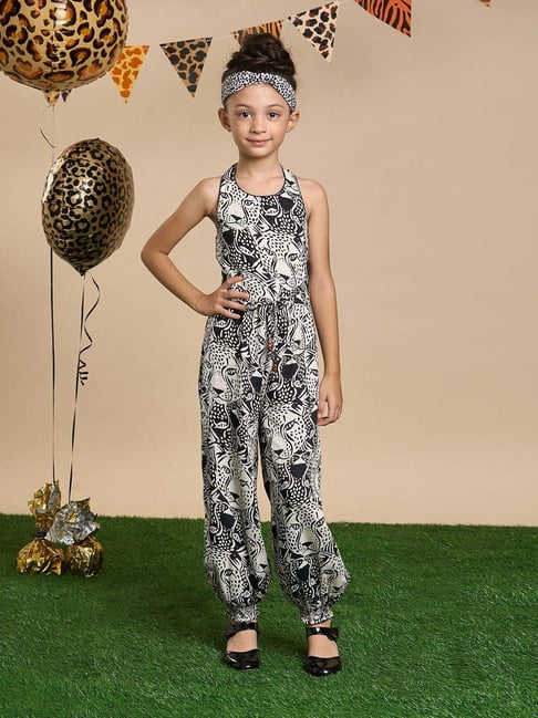 Lil Drama Kids Multicolor Printed Regular Fit Jumpsuits & Hairband
