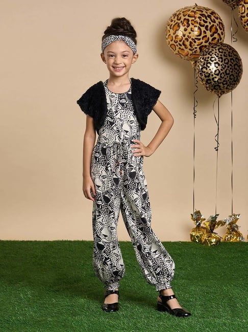 Lil Drama Kids Multicolor Printed Regular Fit Jumpsuits, Jacket & Hairband-picture-39