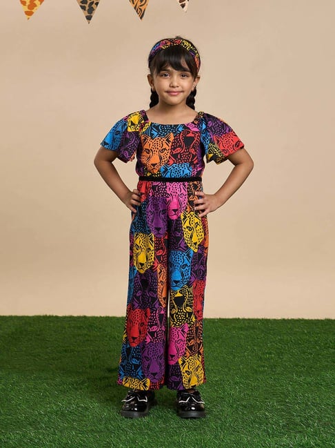 Lil Drama Kids Multicolor Printed Regular Fit Jumpsuits & Hairband-picture-34