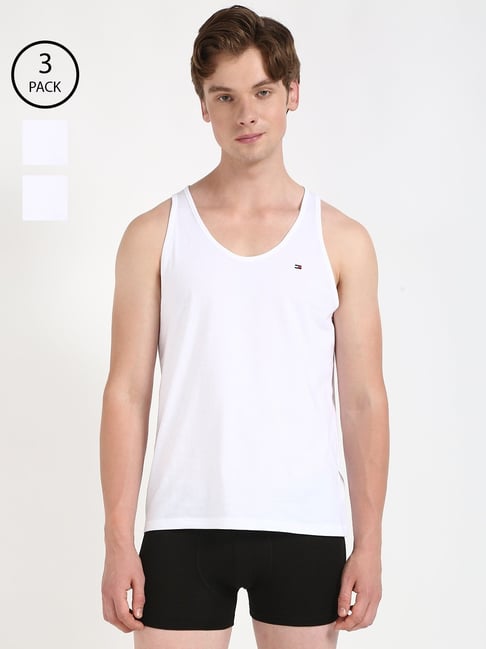 TOMMY HILFIGER White Cotton Regular Fit Solid Vest (Pack of 3) - Main Image