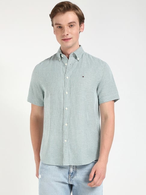 Tommy Hilfiger Nouveau Green Optic White Regular Fit Striped Shirt