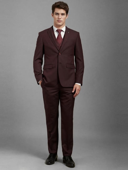 Louis Philippe Maroon Slim Fit Three Piece Suit