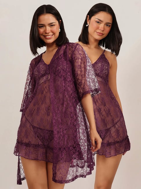 Clovia Purple Chic Basic Self-Patterned Babydoll With G-String And Chic Basic Sheer Robe- Lace-picture-42