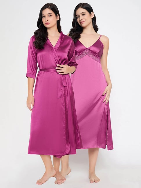Clovia Pink Chic Basic Long Night Dress Robe Satin