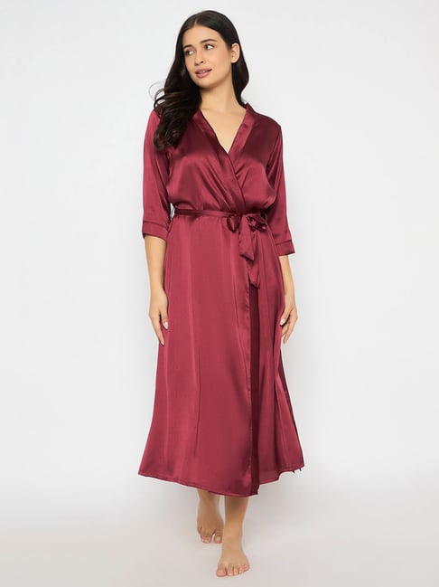 Clovia Maroon Satin Solid Long Robe