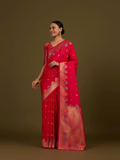 Monjolika Fashion Pink Banarasi Silk Paisley Print Saree With Blouse-picture-21