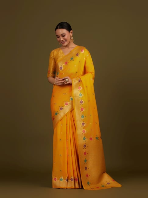 Monjolika Fashion Yellow Banarasi Silk Paisley Print Saree With Blouse-picture-36