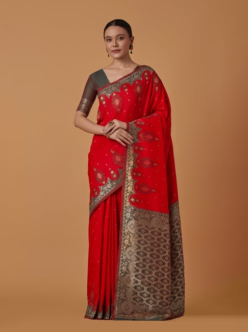 Monjolika Fashion Red Banarasi Silk Zari Work Saree With Blouse-picture-33