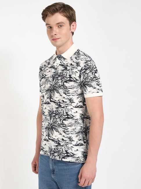 Tommy Hilfiger Off White Cotton Regular Fit Printed Polo T-Shirt