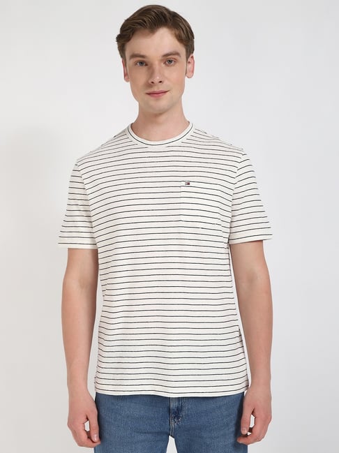 Tommy Hilfiger Off White Linen Regular Fit Striped T-Shirt - Main Image