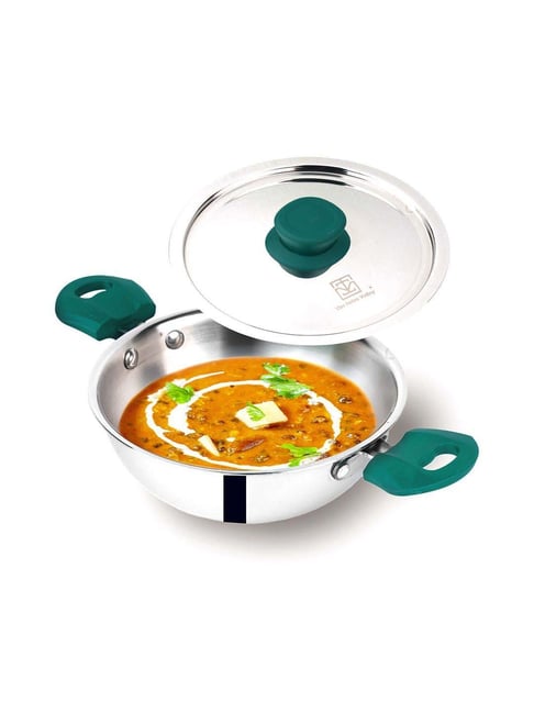 The Indus Valley Silver Triply Stainless Steel Kadhai With Green Handle (3 L)
