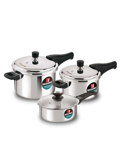 Bergner Trimax Triply Silver Triply Stainless Steel Outer Lid Pressure Cooker - Set of 3